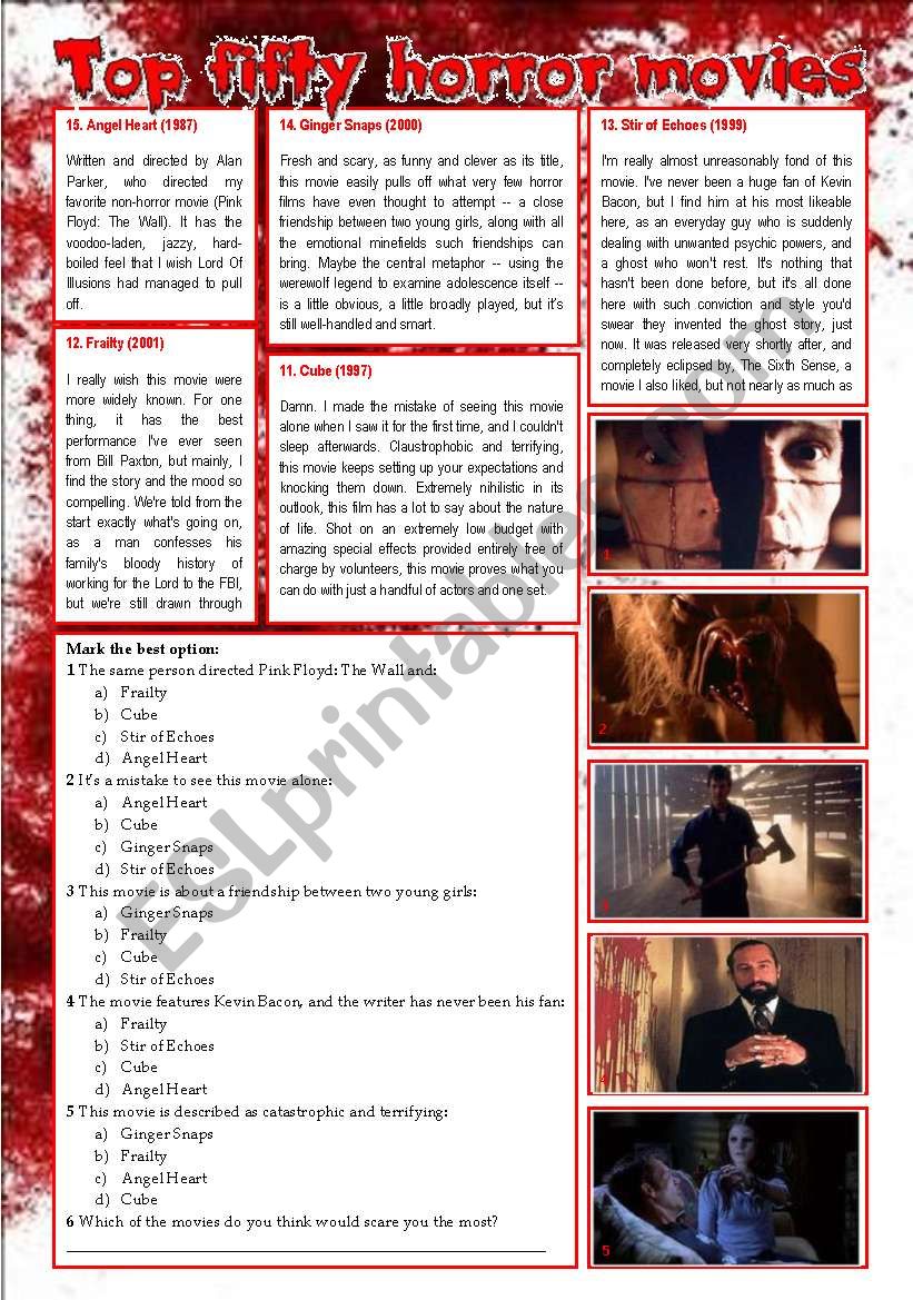 Top Fifty Horror Movies (Part 8/10) Compreension + Personal Q (Multiple Choice + Writing) [2 pages] ***editable
